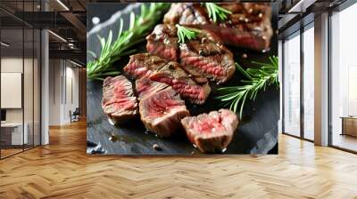 Savory sliced steak garnished with fresh rosemary on a rustic slate background Wall mural