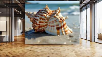 Seashell resting on sandy beach with waves gently lapping in the background Wall mural