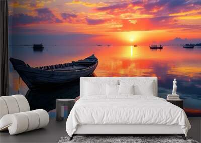 Serene sunset reflections on calm sea with old wooden boat creating a breathtaking atmosphere of tranquility and vibrant colors Wall mural