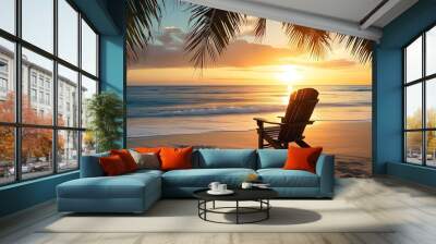 Serene tropical beach at sunset with a wooden chair embraced by golden hues and gentle ocean waves inviting relaxation and tranquility Wall mural