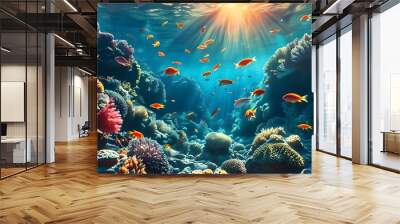 Serene underwater landscape filled with vibrant fish, stunning coral reefs, and radiant sun rays illuminating the aquatic beauty Wall mural