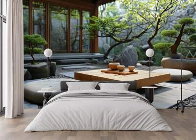 Serene zen garden featuring stone seating, cushions, bonsai tree, and wooden tea table for peaceful outdoor relaxation and meditation Wall mural