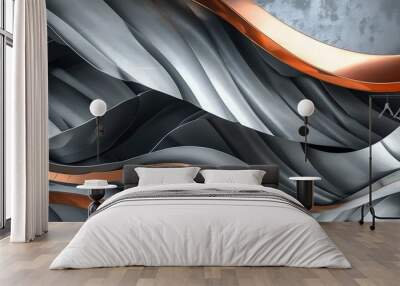 Sleek abstract metallic design featuring wavy layers in elegant gray and warm copper tones Wall mural