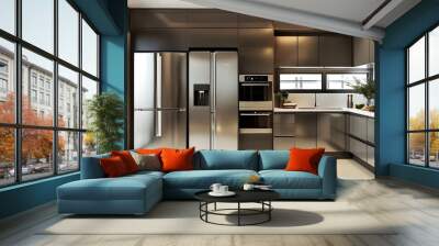 Sleek modern kitchen showcasing contemporary design, stainless steel appliances, and abundant natural light Wall mural