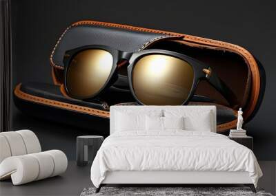 Sleek sunglasses resting in an elegant black leather case adorned with rich brown lining Wall mural