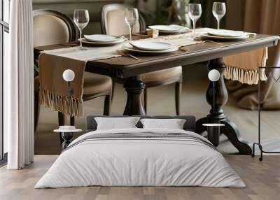 Sophisticated table runner with intricate designs and tassel fringe enhancing dining elegance Wall mural