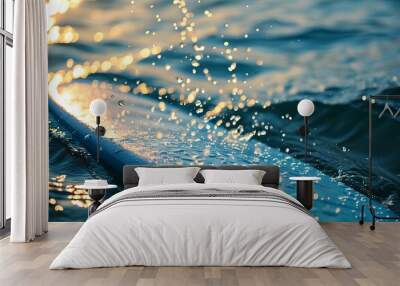 Sparkling droplets on a paddle glistening in clear blue water under the summer sun, with a glimpse of paddleboard in the background Wall mural