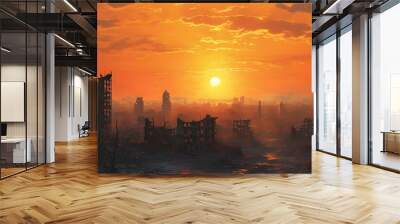 Sunset over a ruined city, with an orange sky casting a haunting glow on the remnants of destroyed buildings Wall mural