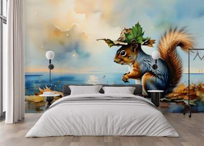 Surreal watercolor scene of a leaf-hatted squirrel in an inverted world where the ground resembles the sky and the sky appears as the ocean Wall mural