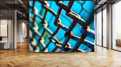 The contrast between the rusty barbed wire fence and the blue background shows the intertwining of tenacity and fragility. Wall mural