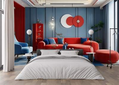 The modern and fashionable living room combines blue sofa and red decoration, making it warm and vibrant. Wall mural