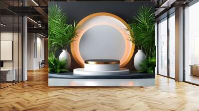 The simple and modern display stand design, with potted plants and round background lighting, highlights the greenery and soft atmosphere. Wall mural