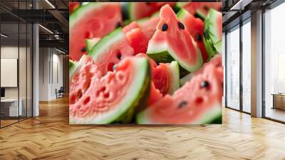 The tender and juicy watermelon cut surface has a sharp contrast between the red flesh and the black seeds. Wall mural