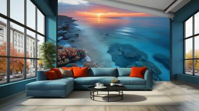 Tranquil coastal sunrise painting with cerulean and coral hues, showcasing the serene beauty of dawn by the sea Wall mural