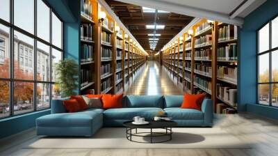 Tranquil library aisle lined with shelves of books, softly illuminated by fluorescent lights, inviting a serene space for research and learning Wall mural