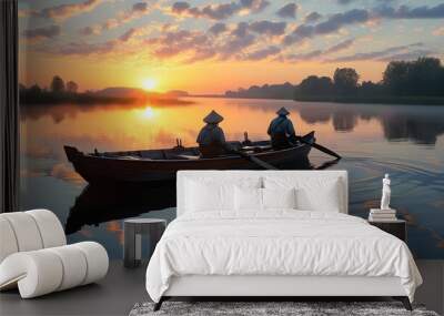 Tranquil sunrise over the lake with two fishermen casting lines from their boat Wall mural