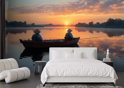 Tranquil sunrise over the lake with two fishermen casting lines from their boat Wall mural