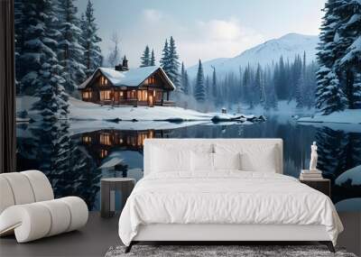 Tranquil winter landscape of snow-laden cabins mirrored in calm lake waters, framed by frosted conifer trees Wall mural