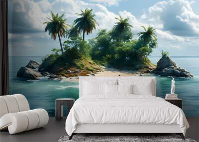 Tropical paradise island with sandy beach, palm trees, rocky shoreline, and dramatic clouds over the serene ocean waters Wall mural