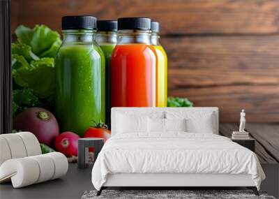 Vibrant assortment of refreshing vegetable and fruit juices against a rustic wooden backdrop Wall mural