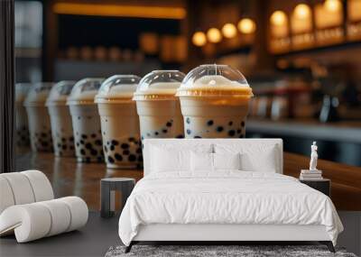 vibrant display of bubble milk tea and coffee arranged elegantly on a table, showcasing diverse flavors and textures Wall mural