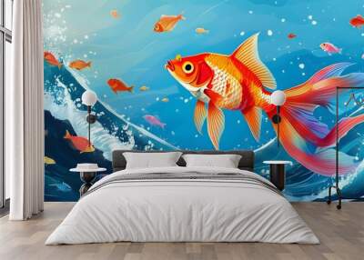 Vibrant fish swimming through flowing currency waves, symbolizing economic currents in a bright blue sky and lively ocean backdrop Wall mural