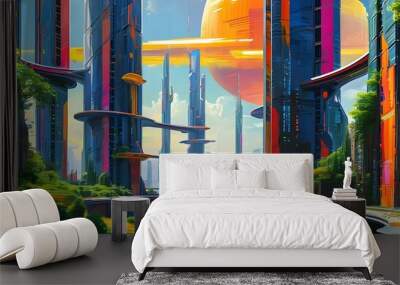 Vibrant futuristic cityscape featuring interlocking towers and innovative architecture in a dynamic digital painting Wall mural