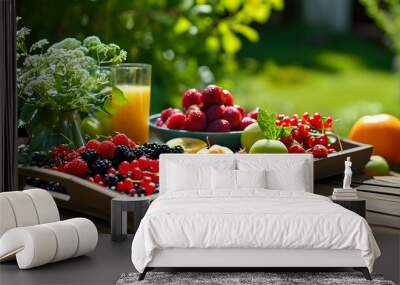 Vibrant healthy dinner spread with fresh fruits and berries on a wooden table surrounded by a lush summer garden backdrop Wall mural