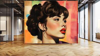 Vibrant Modern Pop Art Portrait of Enchanting Woman with Dark Brown Hair in Retro-Inspired Paper Collage, Set Against Colorful Abstract Background Wall mural