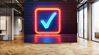 Vibrant Neon Checkmark Symbol Glowing Brightly within Square Frame Representing Success, Approval, and Completion Wall mural