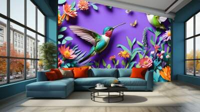 Vibrant paper cut scene featuring a hummingbird among blossoms against a bright violet backdrop Wall mural