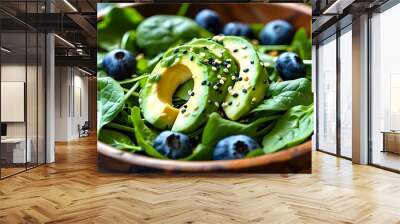 Vibrant Spinach Salad with Fresh Avocado, Juicy Blueberries, and Crunchy Sesame Seeds Wall mural