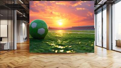 Vibrant sunset illuminating a green soccer field in a playful cartoon landscape Wall mural