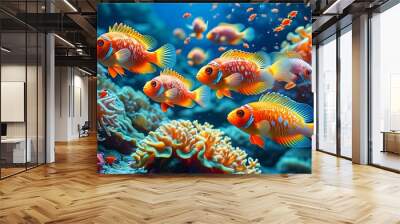 Vibrant tropical fish exploring a coral garden, showcasing the intricate beauty and delicate balance of underwater ecosystems Wall mural