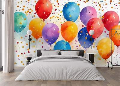 Vibrant watercolor balloons adorned with scattered confetti on a crisp white background, ideal for joyful celebrations and festive designs Wall mural