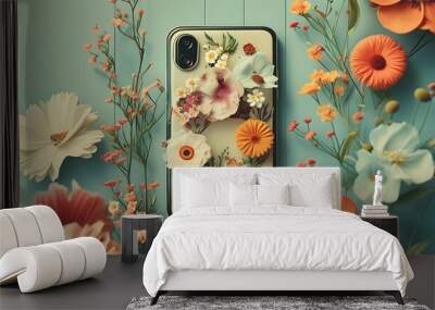 vintage phone adorned with vibrant plastic tones and floral patterns, showcasing the intersection of retro charm and modern generative AI design Wall mural