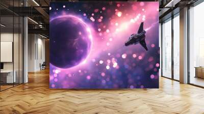 Violet Sun Embracing a Pink Spacecraft in an Elegant Isolated Landscape with Beautiful Bokeh Effects Wall mural