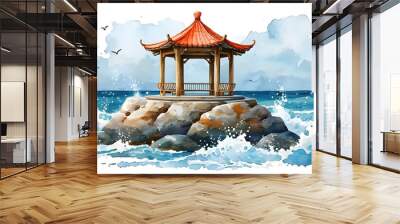 Whimsical watercolor illustration of a gazebo on an oceanic island embraced by gentle waves, set against a clean white background. Wall mural