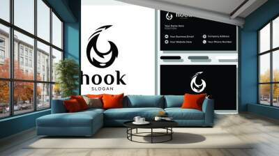 hook symbol abstract fishing tool steel catch white black icon with business card template  Wall mural