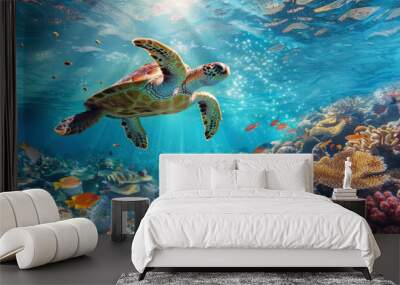 A beautiful sea turtle swimming in the ocean, surrounded by colorful coral reefs and tropical fish with clear blue water and sunlight creating shadows on the underwater scene. Wall mural