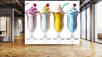 A collection of milkshakes in different colors and shapes, isolated on a white background with a clipping path. Wall mural