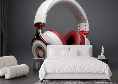 A pair of white headphones with red accents, styled in a smooth and shiny manner, are multilayered and have loose forms. Wall mural