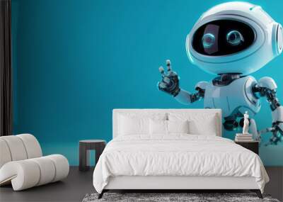 A robot walking and displaying two fingers against a blue background, characterized by a cute and quirky style. Wall mural