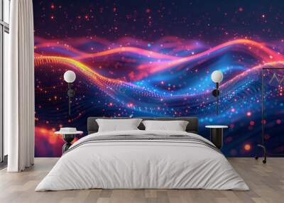 Abstract background with colorful wavy lines and glowing dots on dark blue, digital technology concept. Wall mural