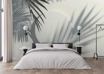 An abstract backdrop features a white empty circle on a geometric shape with a shadow of a palm leaf, suitable for product presentation mockup in a summer concept. Wall mural