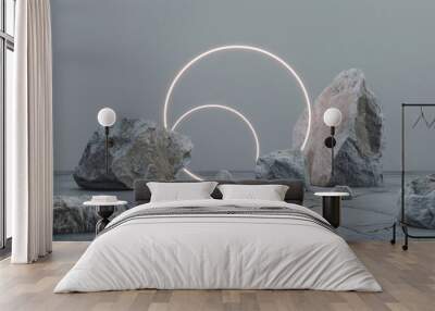 Rocks in front of grey background with white neon circle arch, minimal scene. Wall mural