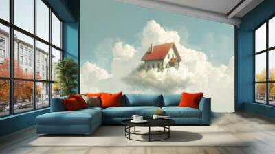 The style of muted whimsy is evident in the depiction of a house on a cloud with a blown-off-roof perspective. Wall mural