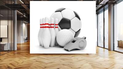 group sports subject. soccer ball, golf ball, bowling and a whis Wall mural