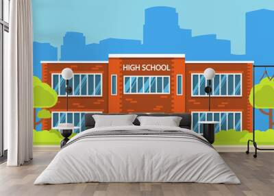 Building high school of the American or European  with trees and bushes. A city landscape with a house facade with windows and doors. In flat cartoon style a vector. Education of children. Wall mural