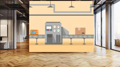 The factory conveyor on packing in flat style. Conveyor Automatic Production Line with Cardboard Boxes.Production Process on the Line Conveyor.Industrial machine.engineering vector illustration Wall mural